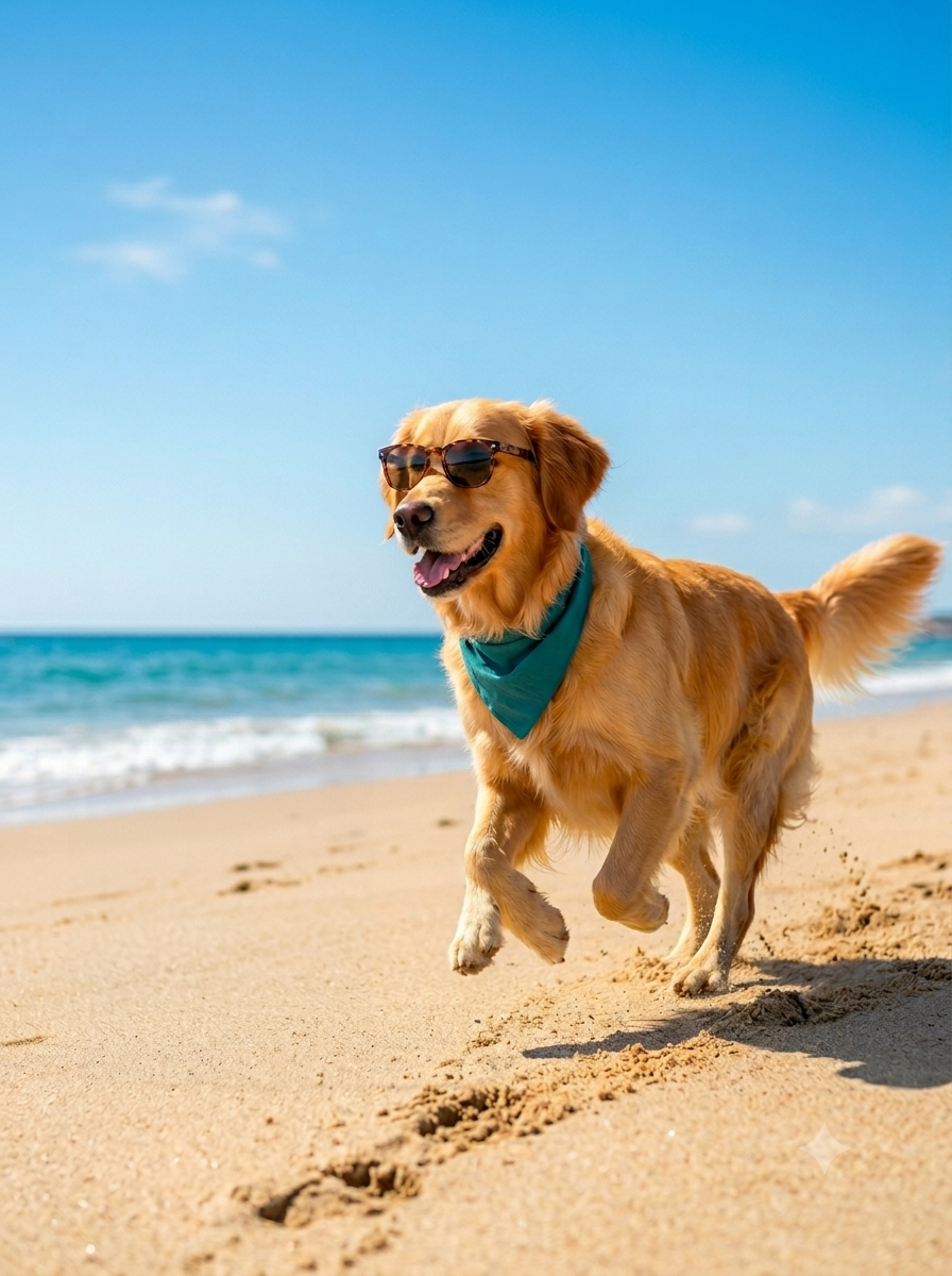 Ein agiler, goldener Retriever mit stylischer Sonnenbrille und blauem Halstuch rennt voller Lebensfreude und Dynamik über einen sonnigen Sandstrand, während im Hintergrund das Meer glitzert.