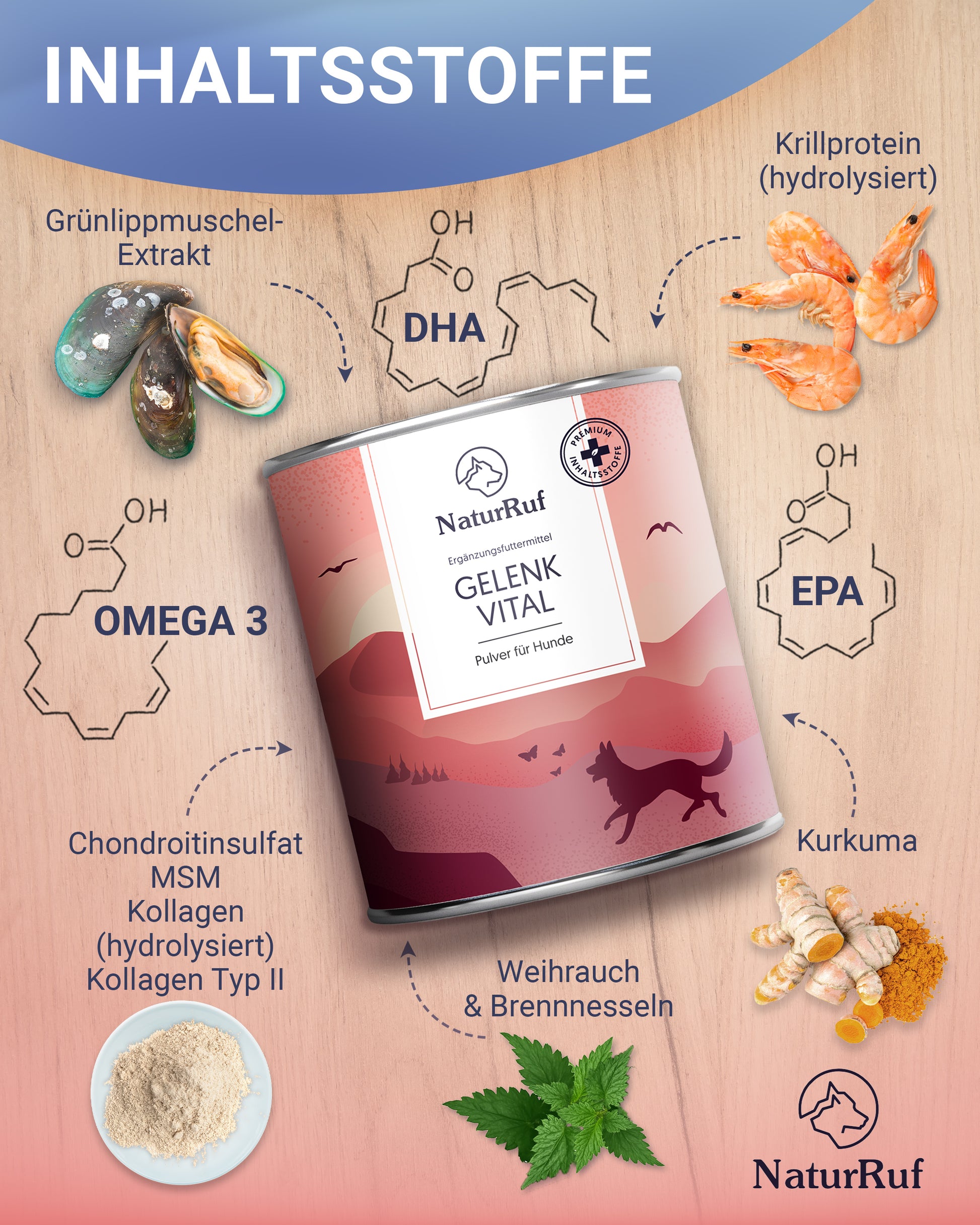 Inhaltsstoffe Naturruf Gelenk Vital: Grünlippmuschel-Extrakt, Omega 3 (DHA/EPA), Kollagen Typ II, MSM, Weihrauch, Brennnessel und Kurkuma.