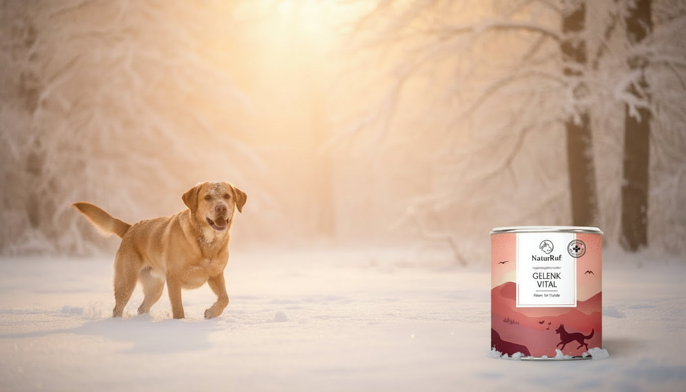 Naturruf Gelenk Vital Pulver für Hunde. Goldener Retriever läuft vital durch den Schnee. Natürliche Gelenk-Unterstützung im Winter für mehr Bewegungsfreude und Agilität.