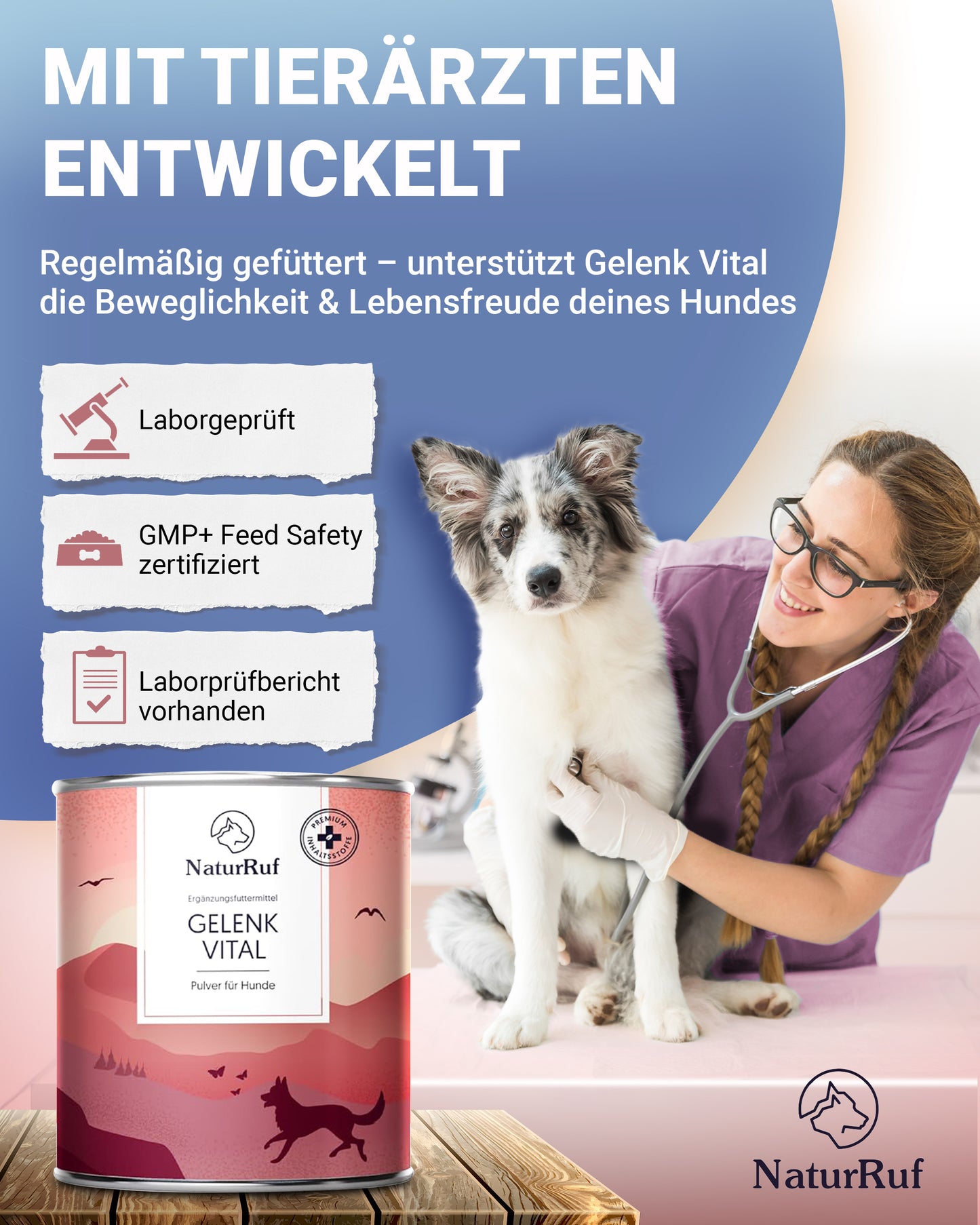 Naturruf Gelenk Vital Pulver für Hunde mit Tierärzten entwickelt: Laborgeprüfte Qualität und GMP+ Feed Safety zertifiziert für maximale Sicherheit.