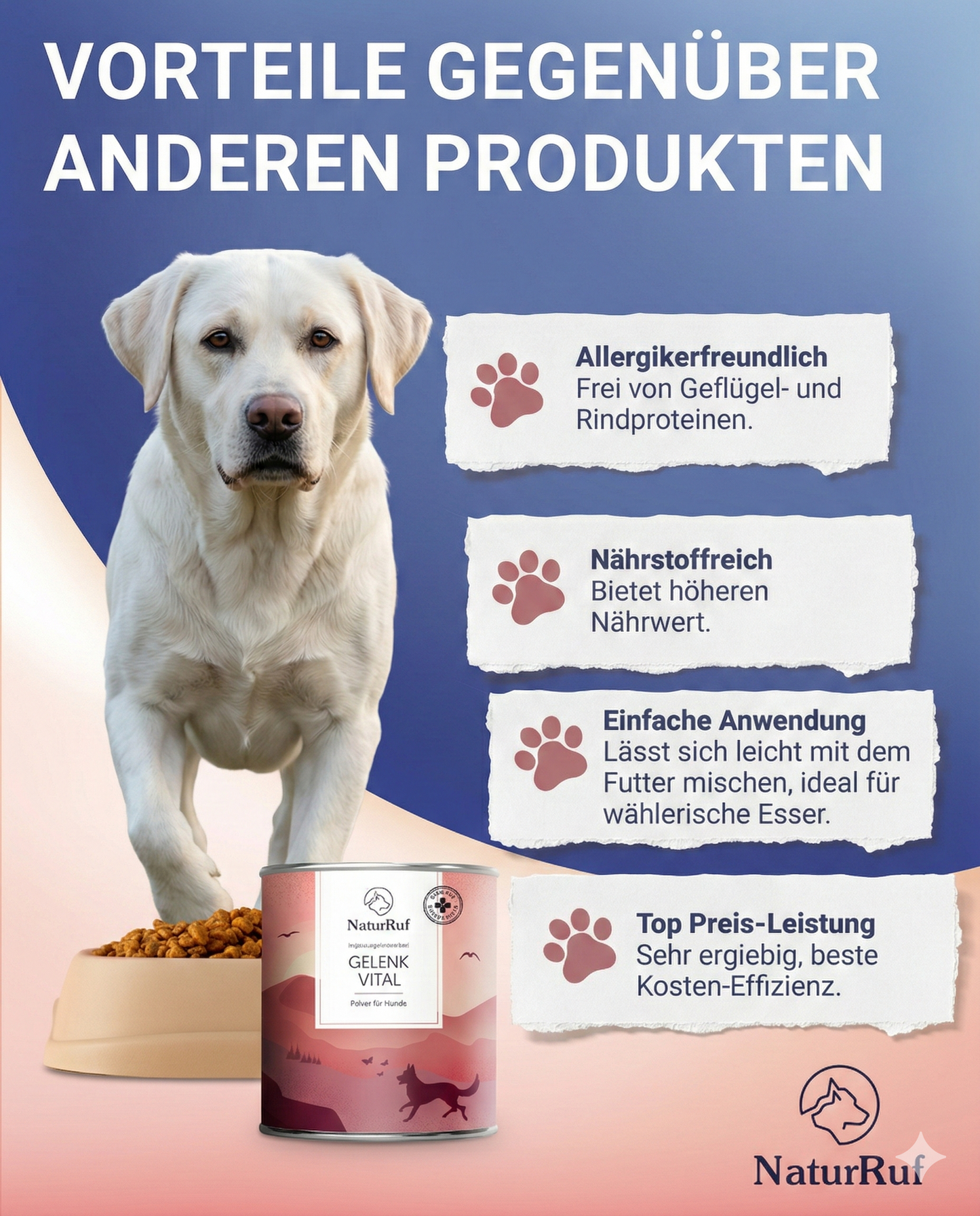 Vorteile von Naturruf Gelenk Vital: Allergikerfreundlich ohne Geflügel- und Rindproteine, nährstoffreich und einfach unter das Hundefutter zu mischen.