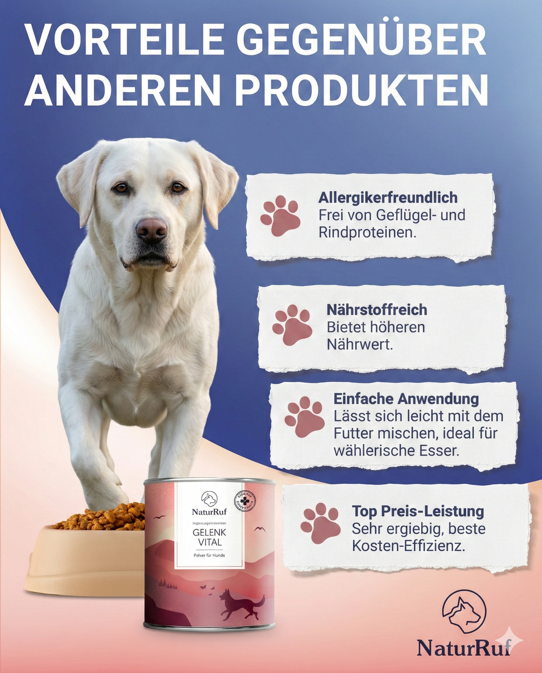Vorteile von Naturruf Gelenk Vital: Allergikerfreundlich ohne Geflügel- und Rindproteine, nährstoffreich und einfach unter das Hundefutter zu mischen.