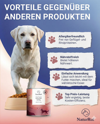 Vorteile von Naturruf Gelenk Vital: Allergikerfreundlich ohne Geflügel- und Rindproteine, nährstoffreich und einfach unter das Hundefutter zu mischen.